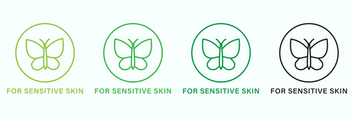 Dermatology Product for Sensitive Skin Line Green and Black Icon Set. Hypoallergenic Product for Skin Face Pictogram. Dermatologically Icon of Sensitive Skin Symbol. Isolated Vector Illustration