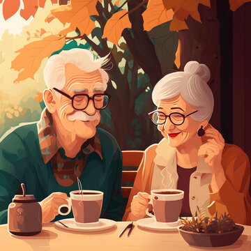 Happy elderly couple drinking coffee in park café. The soft pastel color of an autumn evening. Generative AI