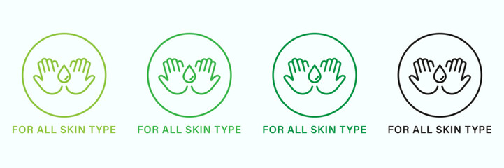 For All Skin Body Types Line Green and Black Icon Set. Cosmetic Beauty Product Outline Pictogram. Natural Cosmetic For All Skin Types Icon. Dermatology Skincare Symbol. Isolated Vector Illustration