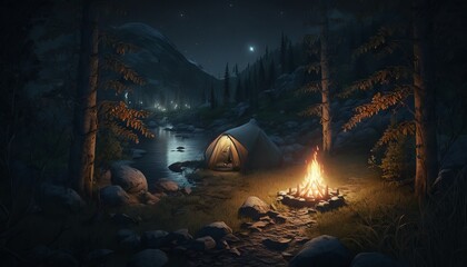 Camping in the forest at night. Generative Ai