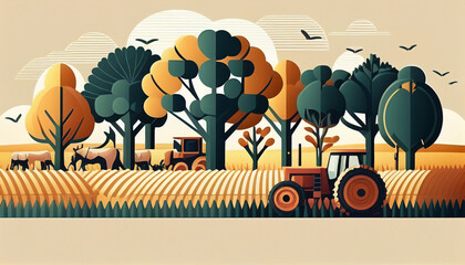 Ai generated. Farm and field agricultural scene with a nice tractor harvesting cereals at sunset.