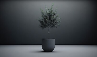  a plant in a gray pot on a table with a black background and a gray wall behind it, with a black floor and a black wall in the background.  generative ai