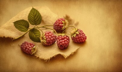  a bunch of raspberries sitting on top of a piece of burlock next to a green leaf on a piece of burlock.  generative ai