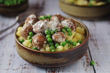 Swedish meatballs with mashed potato side dish - typical dish of Swedish cuisine