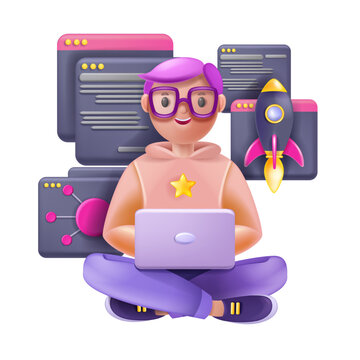 3D programmer male character, python code sign, vector cartoon young webdesign freelancer laptop. Remote technology worker, young sitting man student studying UX. 3D programmer engineer illustration