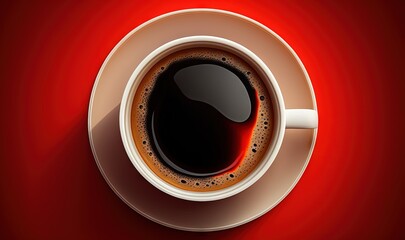  a cup of coffee on a saucer on a red background with a shadow of a cup of coffee in the middle of the cup.  generative ai