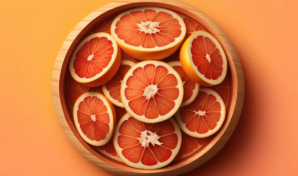  a wooden bowl filled with sliced grapefruits on an orange background with a yellow border around the bowl and the top half of the grapefruit.  generative ai