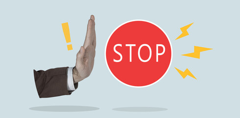 The hand shows a stop gesture. Stop sign on blue background