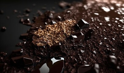  a pile of chocolate chips sitting on top of a black table covered in gold and silver flecks and a black table cloth with a black table cloth.  generative ai