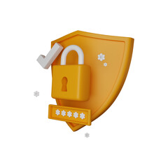 3D shield secure icon, lock password authentication render concept, secret personal data protection. Antivirus badge, internet fraud security safe clipart, PIN entry field. 3D shield padlock design