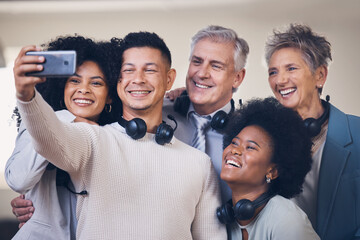 Call center, men and women in happy selfie in office, diversity and happiness on smartphone app. Businessman, old woman and black people with profile picture, friends together and social network post