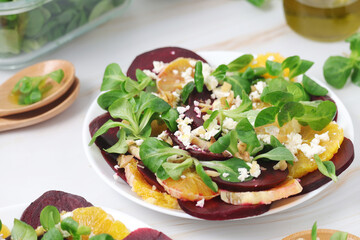 Beetroot and oranges fresh vegetarian salad