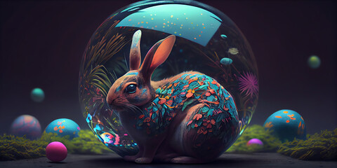 Easter bunny with many colorful Easter eggs. wallpaper banner design. tropicalpunk,  vibrant colors, Generative AI