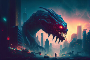 giant monster invading night city. science fiction. Futuristic scene - obrazy, fototapety, plakaty