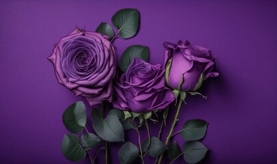  three purple roses on a purple background with green leaves on the stems and one of the stems has been wilted and the other is wilted.  generative ai