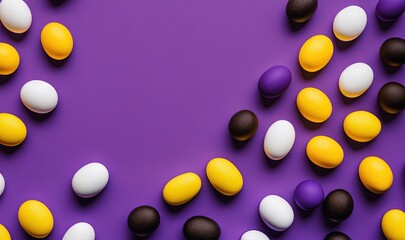 Fototapeta na wymiar a purple background with white, yellow, and black eggs and chocolate eggs scattered around it on a purple surface with a purple background with a white border. generative ai