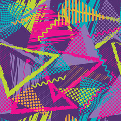 Abstract chaotic seamless pattern with triangles and stripes. Neon pattern on a dark background, for girls and boys, textiles, fabrics, sportswear, wrapping paper, cards, web