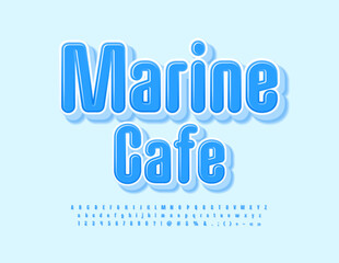 Vector creative Sign Marine Cafe.  Elegant Blue 3D Font. Modern Alphabet Letters and Numbers 