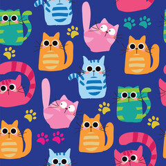 Seamless pattern with cartoon cats.  Background for textile, fabric, stationery, clothes, accessories and other designs.