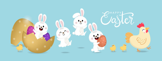 Happy Easter greeting card with cute yellow chick, colourful eggs, bunny and rabbit. Animal wildlife holiday cartoon character. -Vector.