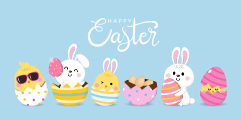 Naklejka premium Easter greeting card with cute yellow chick, colourful eggs, bunny and rabbit. Happy animal wildlife in holiday cartoon character. -Vector.