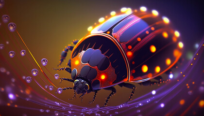 Closeup of a vibrant fantastic ladybug in dew drops. Created with generative AI.
