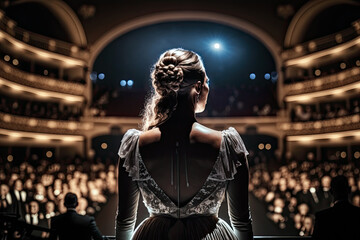 Generative Illustration AI of a female opera singer soprano looking at the audience in the opera house dressed in elegant clothes - obrazy, fototapety, plakaty
