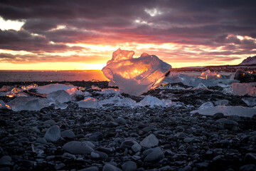 Sunset in Iceland on the diamond beach