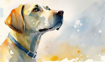  a watercolor painting of a dog with a blue collar and a yellow background is featured in this image of a yellow and white dog.  generative ai