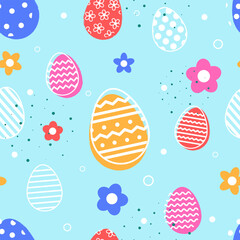 Abstract Easter texture with eggs and flowers on blue background. Minimal design. Vector illustration