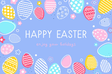 Easter greeting card with eggs and flowers. Minimal design with text. Vector illustration
