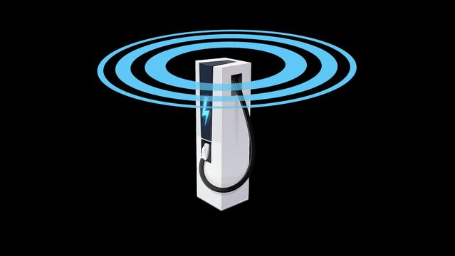 Animation loop of an electric vehicle charger connected with a wave represented by blue circles with alpha channel