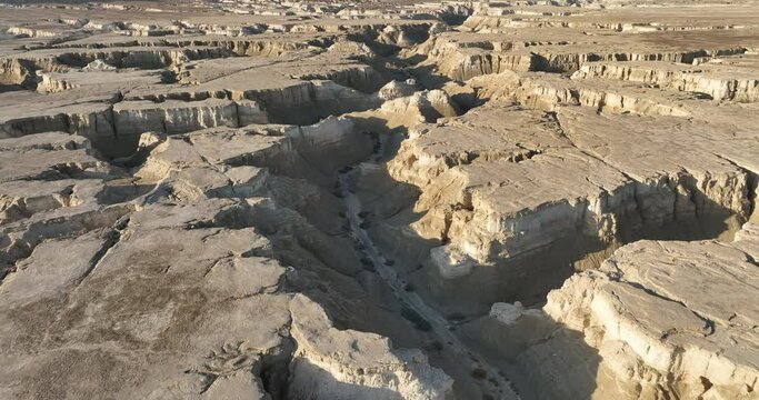 Aerial footage of river Pratsim in the Amiaz plain near the Dead Sea and Mount Sodom before sunset