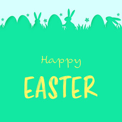 Easter greeting card with eggs and flowers. Paper cut style design. Vector illustration