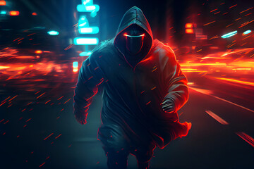 Dynamic running cyberpunk man in dark futuristic city with neon lights. Digitally generated AI image