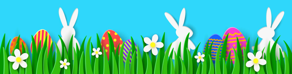 Easter egg hunt banner with rabbits and coloured eggs hidden in the grass. Paper cut style. Panoramic header. Vector illustration