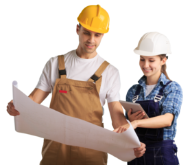 Young engineers working and consider architectural drawings