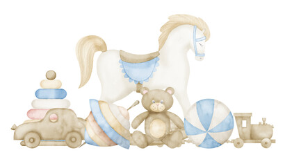 Watercolor illustration with Baby Toys in pastel blue and beige colors. Hand drawn illustration with Rocking Horse and Teddy bear on isolated background. Horizontal composition with car and train. © Alisles