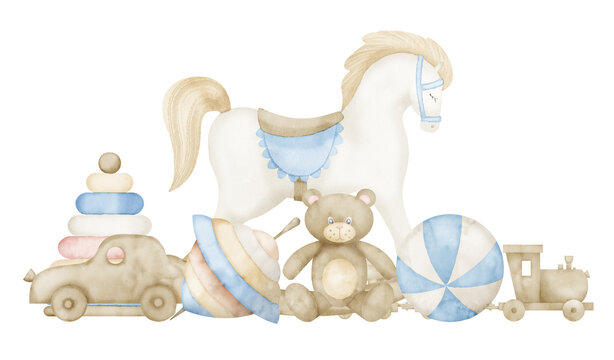 Watercolor illustration with Baby Toys in pastel blue and beige colors. Hand drawn illustration with Rocking Horse and Teddy bear on isolated background. Horizontal composition with car and train.