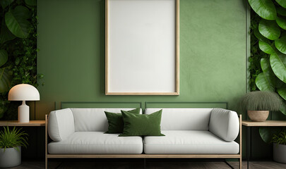  a green living room with a white couch and a green plant on the wall and a framed poster on the wall above the couch is a white sofa.  generative ai