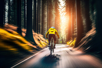 Cyclist on road in forest with motion blur.  
Digitally generated AI image