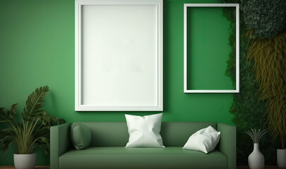  a green room with a green couch and a white framed picture on the wall and a white pillow on the pillow on the floor in front of the room.  generative ai