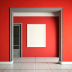  an empty room with an open door and a blank picture frame on the wall, in front of a red wall with a white door.  generative ai