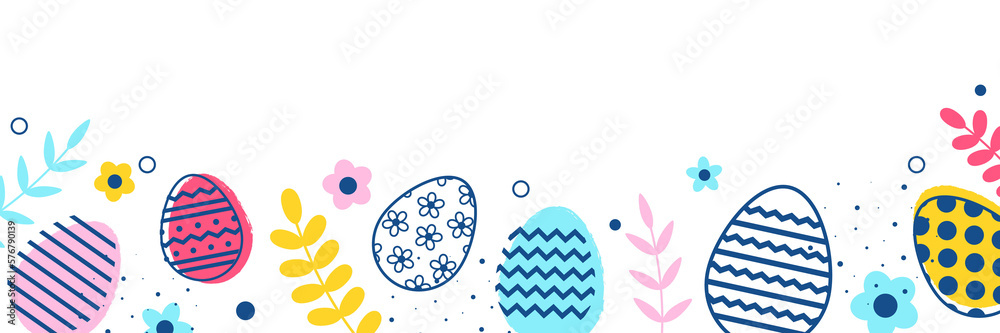 Wall mural colourful easter eggs and flowers on transparent background. modern design. bannner. png illustratio