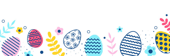 Fototapeta Colourful Easter eggs and flowers on transparent background. Modern design. Bannner. PNG illustration obraz