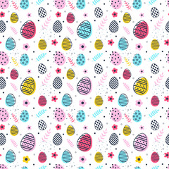 Easter texture with eggs and flowers on transparent background. Minimal design. PNG illustration