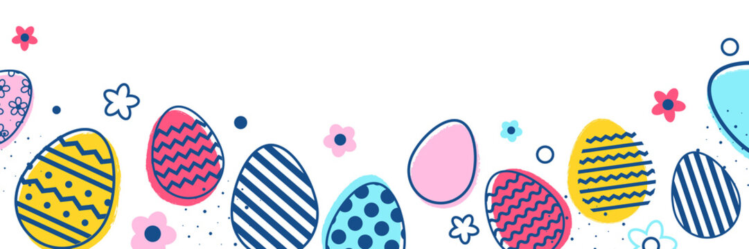Easter eggs and flowers on transparent background. Modern cartoon style. Panoramic header. PNG