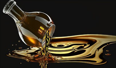  a bottle of oil is being poured into a liquid puddle on a black background with a black background and a black background with a yellow and white border.  generative ai