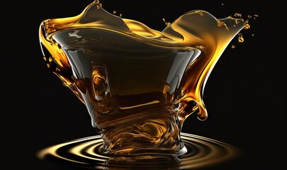  a liquid splashing out of a glass on a black background with a black background and a black background with a black background and a yellow liquid splashing out of water.  generative ai