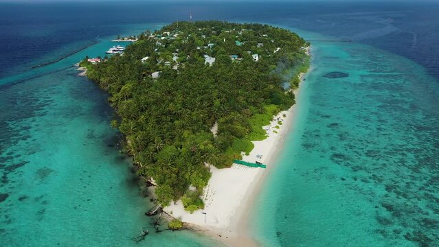 Aerial view of Omadhoo island, Alif Dhal Atoll, Maldives.